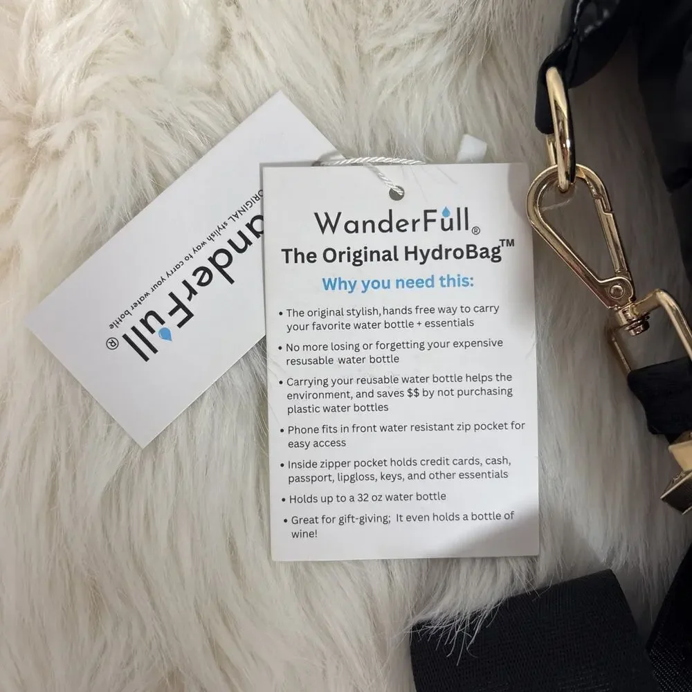 Wanderfull Hydrobag with 34oz Water Bottle Black Shiny Puffer Bag Gold Hardware